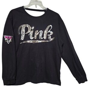 PINK Victoria's Secret Women Top L Black Sequin Logo Open Back Long Sleeve Shirt